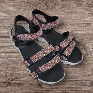 Skechers‎ Yoga Foam Sandals Women's Sz 9 Black Sparkle Colorful Rhinestone Bling